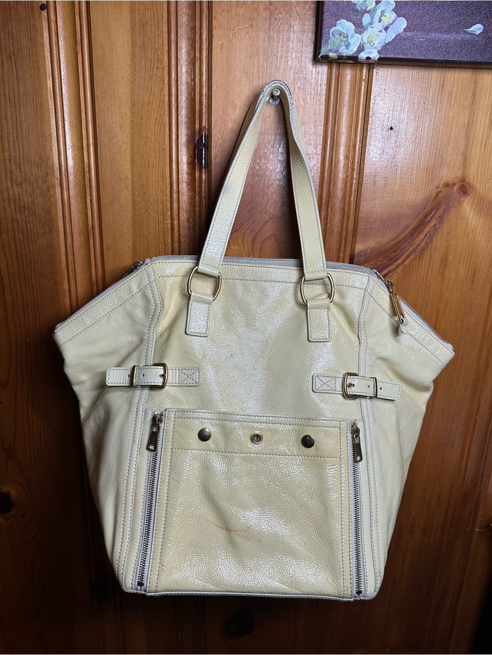 Yves Saint Laurent Cream Leather Tote with Front Zip Detail